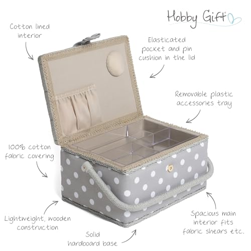 Hobby Gift Medium Sewing Box Organiser, Fabric Covered Storage Box with Handle, Internal Tray, Pin Cushion and Pocket for Sewing, Quilting and Knitting Supplies - color: Grey Spot