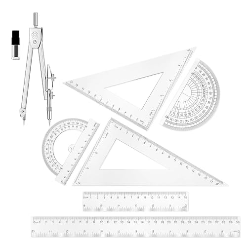 7Pcs Math Geometry Set - Ruler, Triangle, Protractor & Compass Kit, Clear Plastic Drawing Tools for School, Office, Math Class & Art Drafting