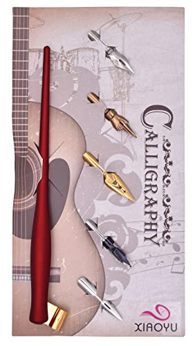 XIAOYU Oblique Calligraphy Dip Pen Comic Pen Set Include 2-in-1 Calligraphy Oblique or Straight Penholder with 5 Pieces Replacement Nibs, Red - color: Red