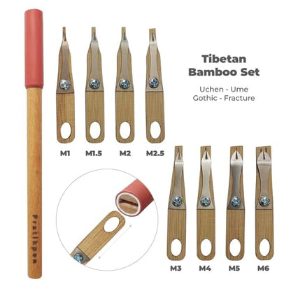 Tibetan Bamboo Calligraphy Nib Set – 8 Interchangeable Bamboo Nibs with Pen Holder – Uchen, Ume, Gothic, Fracture Writing