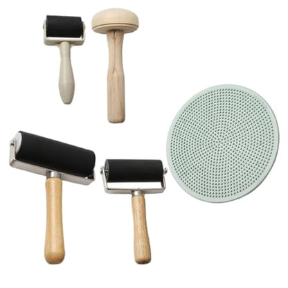 HOODANCOS 5pcs Rubber Ink Roller Set with Wooden Mushroom Roller and Plastic Baren for Block Printing, Stamping Accessories for Printmaking Crafts and DIY Art Projects