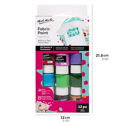 Mont Marte Signature Fabric Paint, 12pc x 0.7oz (20ml), Suitable for DIY Fashion and Homewares - color: 12 colors