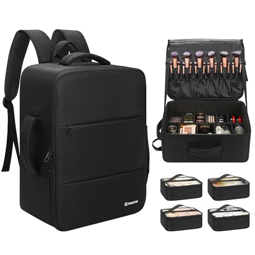 Relavel Makeup Backpack Extra Large Travel Train Case Professional Makeup Artist Kit Set Bag with 4 Clear Bags, Brush Storage Organizer Box with Dividers for Cosmetic Hair Tools Barber Supplies, Black - color: Black, size: Large