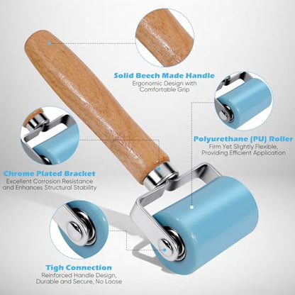 3rd-Gen Sound Deadening Roller, Professional Dual Bearing Hand PU Seam Roller Application Tool with Wood Handle for Car Audio Sound Deadener, Installation Mat, Wallpaper & Vinyl Wrap