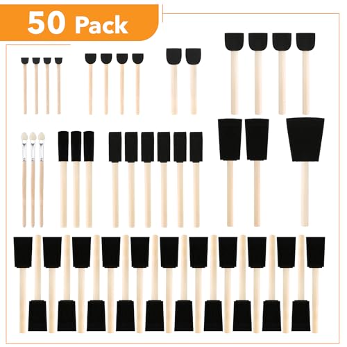 Bates- Foam Paint Brushes, 0.35"- 2", 50 Pack, Assorted Sizes, Foam Brushes for Painting with Lightweight Wooden Handles for Painting, Staining, Touch-Ups, Crafts & DIY Projects