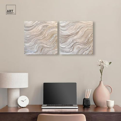 Art Remedy Silver Waves Set Canvas Set of 2 Earth Tone Abstract, Gallery Wrapped, 16 x 16 - color: Gallery Wrapped, size: 16" x 16"