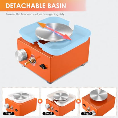 Mini Pottery Wheel Machine for Adults & Beginners, 2 Turntables (3.94" & 2.56") | 0-2000 RPM Adjustable Speed Pottery Machine Removable Splash Tray Ceramic Making Kit Includes 8 Sculpting Tools - color: Orange