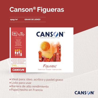 Canson Figueras, Oil Paper, Imitation Linen Grain, 290gsm, Glued pad on Short Side, 18x24cm, White, 10 Sheets - size: 18x24cm, style: Gluing short side