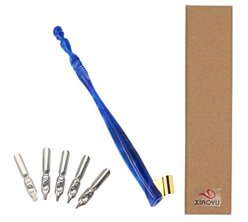 XIAOYU Calligraphy Oblique Nib Pen Holder, English Calligraphy Pen Nib Holder, Resin Dip Pen Handle Nib Holder with 5 Flat Nibs, Blue - color: Blue