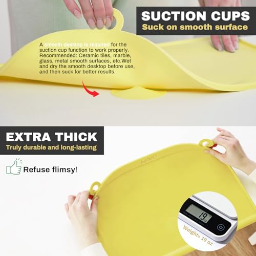 Large Silicone Suction Table Mat, 17" x 12" Thick Placemat with Edge-Bumper, Raised Edge Leakproof, Non-Slip for Kids Toddler Baby Essentials Dinning, Restaurant Eating, Plates, Art, Craft & Painting - color: Yellow