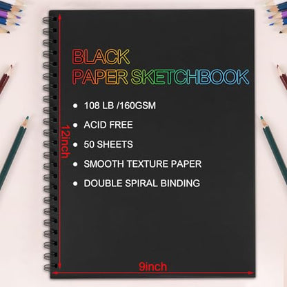 100 Sheets Black Paper Sketchbook(2 Pack), 108 lb/160gsm Heavyweight Black Sketch Pad 9×12in, Acid-Free Drawing Paper, Spiral Bound Sketch Book for Kids, Teens, Artist. - size: 9×12 Inch (2 Pack )