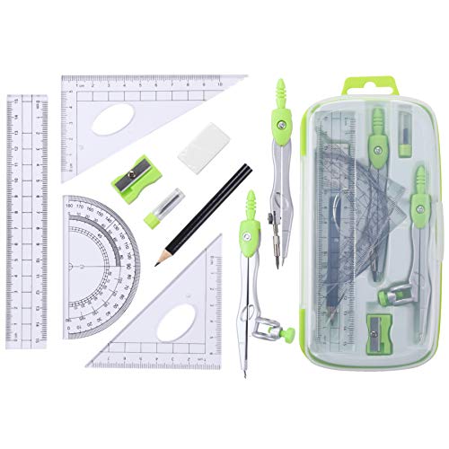 Vobou Math Geometry Kit Sets 10 Piece Student Supplies with Shatterproof Storage Box,Includes Rulers,Protractor,Compass,Eraser,Pencil Sharpener,Lead Refills,Pencil,for Drafting（Green） - color: Green