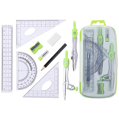 Vobou Math Geometry Kit Sets 10 Piece Student Supplies with Shatterproof Storage Box,Includes Rulers,Protractor,Compass,Eraser,Pencil Sharpener,Lead Refills,Pencil,for Drafting（Green） - color: Green