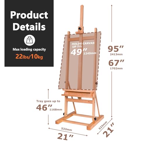 DJAR Large H-Frame Art Easel for Painting, Hold Canvas up to 49’’, Natural | Solid Beech Wood Adjustable Floor Stand with Storage Tray, Premium Art Supplies for Professional Artists, Students and Adults
