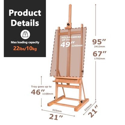 DJAR Large H-Frame Art Easel for Painting, Hold Canvas up to 49’’, Natural | Solid Beech Wood Adjustable Floor Stand with Storage Tray, Premium Art Supplies for Professional Artists, Students and Adults