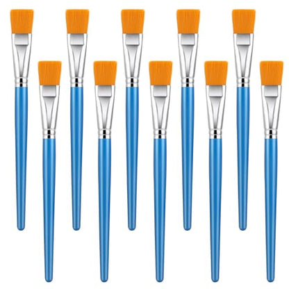 10 Pcs Flat Paint Brushes for Acrylic Painting 1 Inch Flat Watercolor Brushes Blue Nylon Bristles Paint Brushes with Wooden Handle for Watercolor Oil Crafts Face Body Art Professional Artist Brushes