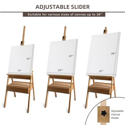 Large Solid Beech Wood Painting Easel with Storage Drawer(60"~75" H), H-Frame Adjustable Wooden Easel Stand with Signature Box for Adults, Students,Sturdy Canvas Holder up to 36'' - style: Easel