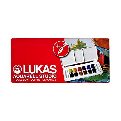 Lukas Aquarell Artist Studio Watercolor Paint Set - Professional Quality, Includes Travel Friendly Plein Aire Outdoor Painting Case, a Water Color Brush and Color Mixing Palette - 12 Brilliant Colors - style: Travelbox