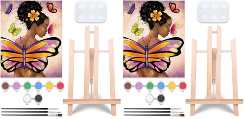 VOCHIC Pre Drawn Canvas for Painting for Adults Paint and Sip Kit Party Supplies 8x10 in Canvas Butterfly Girl 1 Easel,8 Acrylic Colors,3 Brush,1 Pallet Paint Art Set (Pack of 2) - size: 8x10 (Pack of 2), style: Style 1 with Easel