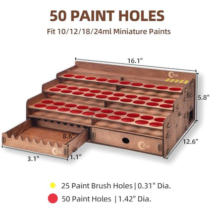 OPHIR Wooden Paint Holder Rack, 50 Holes Dia.1.42 Inches, Painting Brush Holder with 24 Slots, 1 Drawer, 25 Brush Holes, Miniature Paint Storage, Walnut-Toned Finish - color: (Dia.1.42")50 Paint Holes+1x Paint Brush Holder+1x Drawer+25x Paint brush Hole