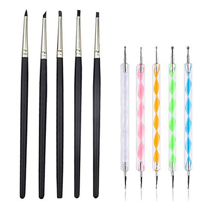COMIART Clay Shaper Ball Stylus Dotting Tools Set for Clay Sculpting Pottery Polymer Nail Art, Pack by 5 pcs Size 0 Silicon Brushes and 5 pcs 2 Way Emossing Pens