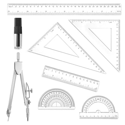 7 Pcs Geometry Ruler Protractor Compass Geometry Tool, Math Ruler Kit with 1 Metal Compass, Precision Drawing Tools for Drafting Architect Engineering