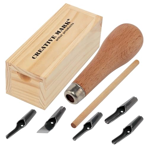 Creative Mark Linoleum Carving Tools Set with Ergonomic Beechwood Handle, 5 Tempered Steel Blades, Block Printing Linocut Tools for Soft Linoleum or Pine, Wooden Storage Box Included