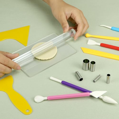 QWORK 24-Piece Clay Sculpting Tool Kit with Acrylic Roller, Sheets, Plastic Scraper, Stainless Steel Cutters, Polymer Clay Cutter Tools