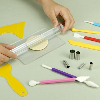 QWORK 24-Piece Clay Sculpting Tool Kit with Acrylic Roller, Sheets, Plastic Scraper, Stainless Steel Cutters, Polymer Clay Cutter Tools