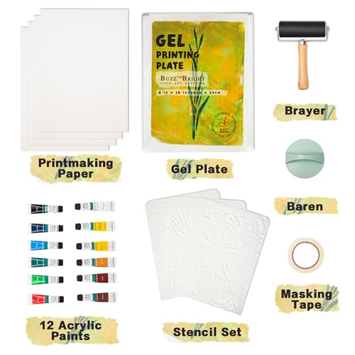 BuzzBright Gel Printing Plate kit, Complete Printmaking Set with 8”X10” Gelatin Plate, Brayer, Printmaking Paper, Acrylic Paint and Essential Tools for Mixed Media Art, Monoprinting, Card Making