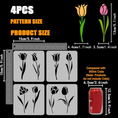 FINGERINSPIRE 4 PCS Single Tulip Stencils for Painting 5.9x5.9inch Tulip Flowers Templates Decorative Tulip Stencils Plastic PET Flowers Drawing Templates Plant Theme Stencils for Furniture Decor