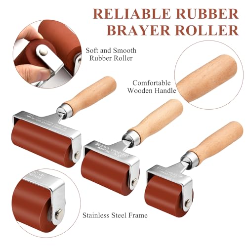 Supkiir 3Pcs Rubber Brayer Roller, Mix Size Rubber Roller Tool for Printmaking, Ink Roller Stamping Brayers with Comfort Grip Construction Tools for Craft Wallpapers Scrapbooks