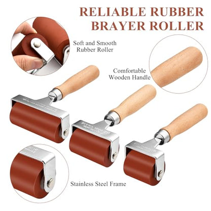 Supkiir 3Pcs Rubber Brayer Roller, Mix Size Rubber Roller Tool for Printmaking, Ink Roller Stamping Brayers with Comfort Grip Construction Tools for Craft Wallpapers Scrapbooks