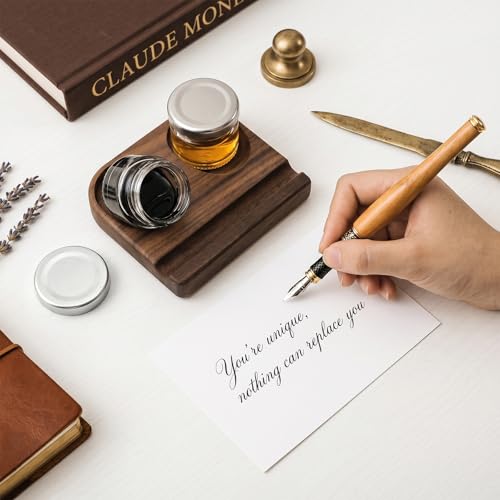 ZOOFOX Wooden Tilting Calligraphy Pen Holder, Brown Wood Ink Well for Dip Pen with Pen Rest and Two Empty Glass Ink Bottle Container, Calligraphy Oblique Nib Holder for Effortless Writing