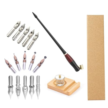 Calligraphy Dip Pen Set Wood English Calligraphy Oblique Nib Holder With Desktop Pen Holder,Ink Bottle Container and 15 Nibs Kit - Black - color: Black