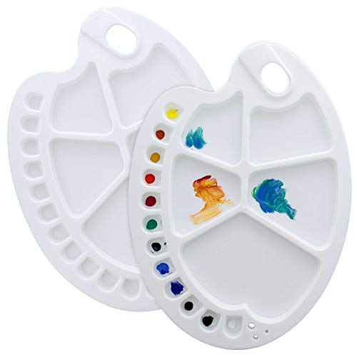 U.S. Art Supply 10" x 13.5" Clear Oval Acrylic Painting Palette with 17 Paint Wells (2 Pack) - Artists Transparent Plastic Mixing Paint Palette Tray - Non-Stick Surface for Acrylic and Oil Paint