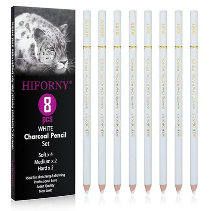 HIFORNY 8 Pieces White Charcoal Pencils Drawing Set for Drawing, Sketching, Shading, Blending - Chalk Pencils for Beginners & Artists