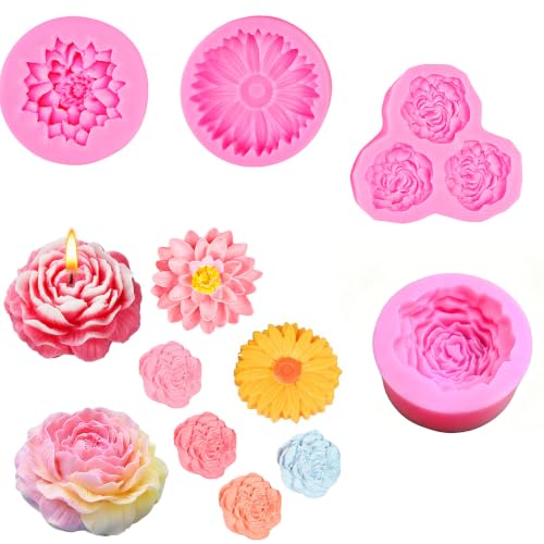 Flower Candle Resin Mold 3D Silicone Floral Shapes Mold Kit De Rosas Silicona para Velas for Candle,Wax, Soap, Epoxy Resin, Concrete Casting Polymer Clay Craft Home Decor (6-Cavity Flower Molds Set) - color: 6-Cavity Flower Molds Set