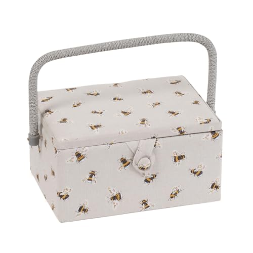 Hobby Gift Medium Sewing Box Organiser, Fabric Covered Storage Box with Handle, Internal Tray, Pin Cushion and Pocket for Sewing, Quilting and Knitting Supplies - color: Bee