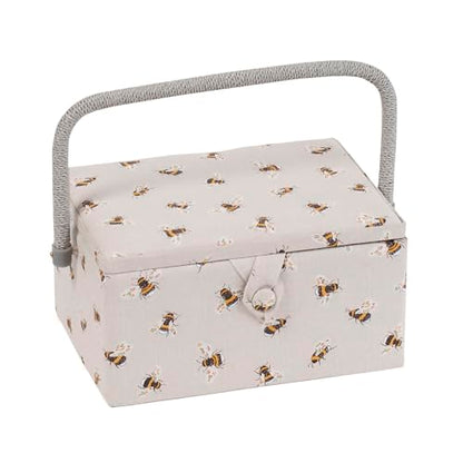Hobby Gift Medium Sewing Box Organiser, Fabric Covered Storage Box with Handle, Internal Tray, Pin Cushion and Pocket for Sewing, Quilting and Knitting Supplies - color: Bee