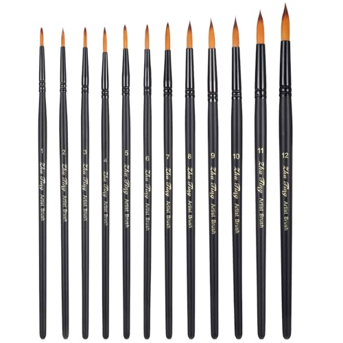 12 Pcs Artist Watercolor Paint Brushes, Watercolor Brushes Professional Set, Different Sizes Round Paint Brushes Detail Painting Brush for Watercolor, Acrylics, Ink, Gouache, Oil, Black