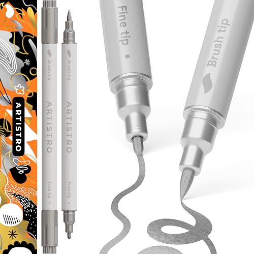 ARTISTRO 2 Silver Dual-Tip Acrylic Paint Pens - Multisurface Markers for Glass, Rock, Fabric, Wood, Plastic & More - 1 mm Fine & Brush Tips - color: Silver, style: Dual Tip Brush + Fine