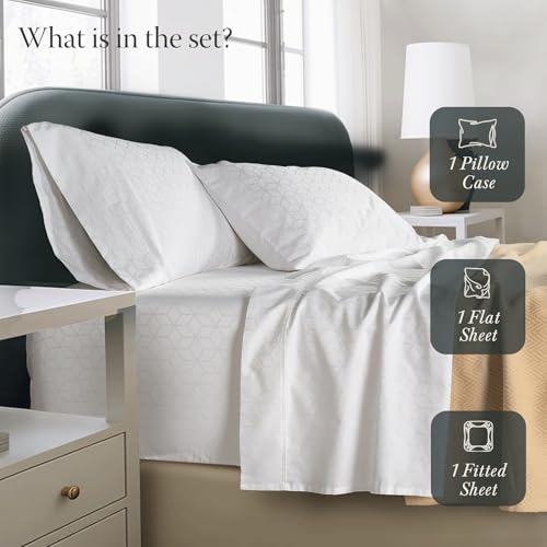 Threadmill Egyptian Cotton Twin Sheet Set | 100% Certified Egyptian Cotton Sheets for Twin Size Bed | Damask Jacquard Twin Bed Sheets Set 15" Deep Pocket | Soft 3 Piece Cooling Sheet Set | White - color: Bright White Cadence, size: Twin