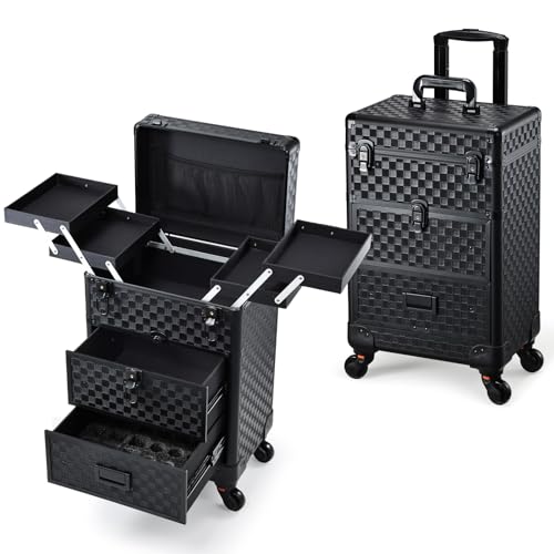 Stagiant Rolling Makeup Case with Drawers Cosmetology Case on Wheels 3 IN 1 Makeup Case 2 Drawers with Foot Stand Spring-release Mechanism Rolling Make Up Organizer for Artist Salon Nail Teach Trunk - color: 2 Drawers Black Checkerboard