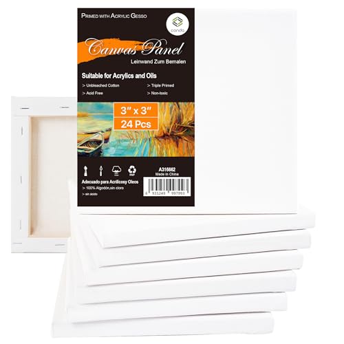 CONDA Mini Stretched Canvas for Painting, 3x3 Inch 24 Packs of Small Canvases for Kids and Art Supplies, 100% Cotton Primed Canvas, 2/5 Inch Profile Value Bulk Pack for Acrylics, Oils Painting - size: 3x3 inch, 24 Pack