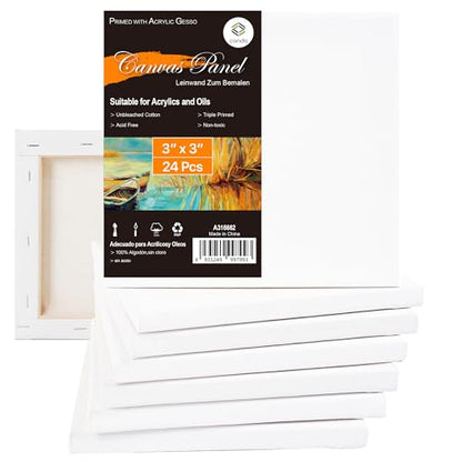 CONDA Mini Stretched Canvas for Painting, 3x3 Inch 24 Packs of Small Canvases for Kids and Art Supplies, 100% Cotton Primed Canvas, 2/5 Inch Profile Value Bulk Pack for Acrylics, Oils Painting - size: 3x3 inch, 24 Pack