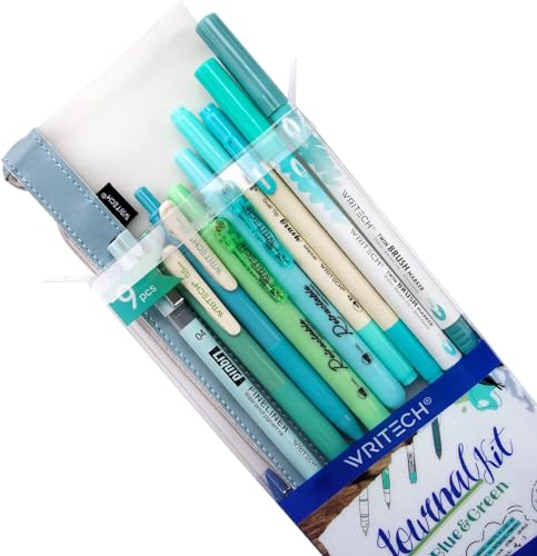 WRITECH Journaling Kit, Gel Ink Pens/Retractable Highlighters/Dual Tip Brush Pens/Fineliner Pens, Smooth Writing Assorted Colors Journaling Supplies, 9 Count with Pen Bag (Vitality blue & green) - color: Green & Blue, size: 1 Count (Pack of 9)