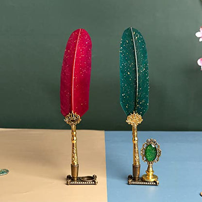 Joyeee Red Feather Pen and Ink Set, Writing Quill Pen with Ink, Brass Wax Seal Stamp, Metal Dip Pen Holder, Letter Paper, Wax Seal Beads, Tealight, Retro Gift Box, Unique Birthday Gifts for Him - color: #98 Wine red quill pen set