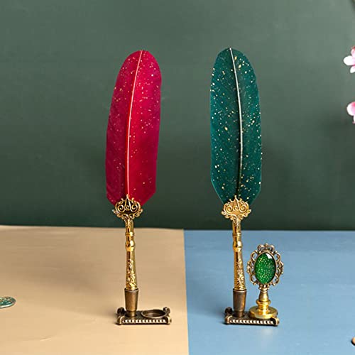 Joyeee Red Feather Pen and Ink Set, Writing Quill Pen with Ink, Brass Wax Seal Stamp, Metal Dip Pen Holder, Letter Paper, Wax Seal Beads, Tealight, Retro Gift Box, Unique Birthday Gifts for Him - color: #98 Wine red quill pen set