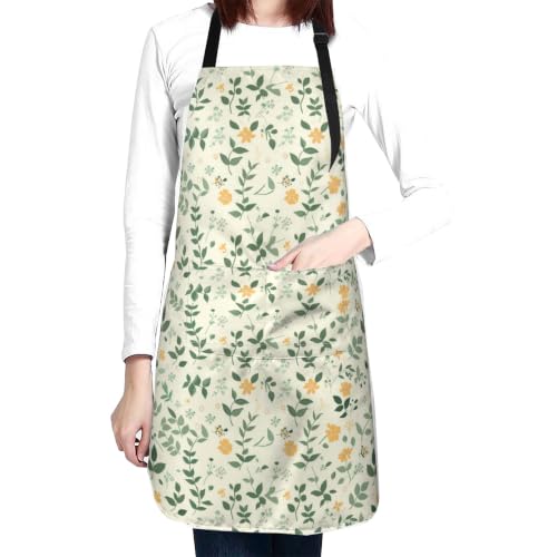 Cream Pastel Wildflower Art Waterproof Apron with Pockets | Garden Aprons for Men Women Adjustable Bib Apron for Cooking Kitchen Baking BBQ Painting Housework Oil Resistant - color: Muted Floral Print